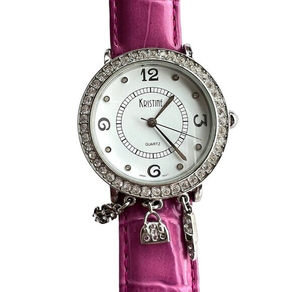 Kristine Women's Quartz Wrist Watch Rhinestone/Charms Pink Japan Movement 7.5 in - Picture 2 of 14